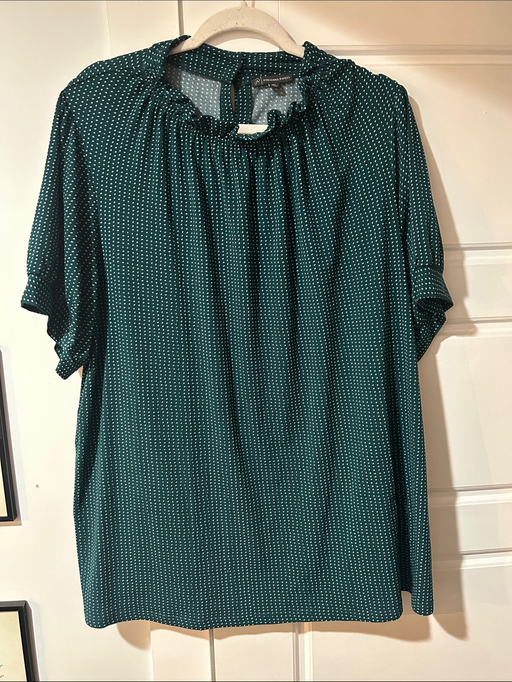 Adrianna Papell Teal Ruffled Neck Short-Sleeve Blouse with Micro Dot Print